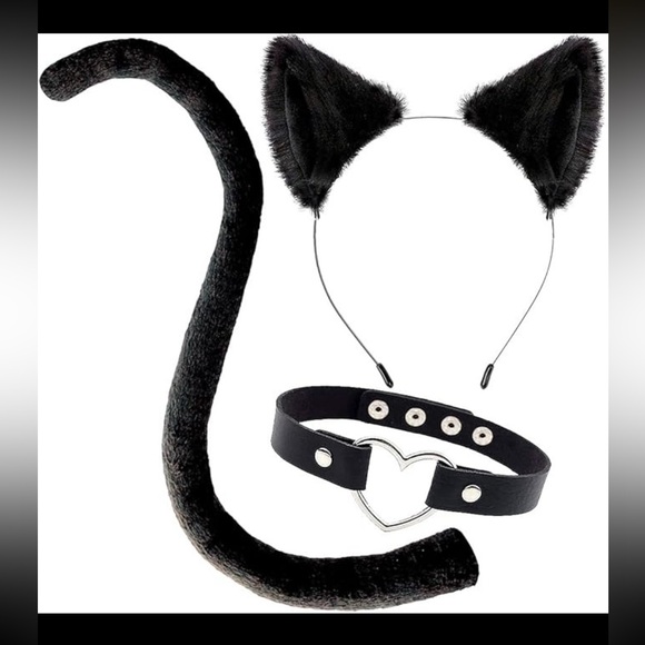 OLYPHAN Costume Headwear Accessory Set: Cat Ear Clips Headband, Black Long Tail - Picture 1 of 3